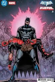 Batman enfrentándose a Deadpool en una escena llena de acción y humor, con Gotham de fondo.