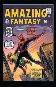 Spider-Man en su primera aparición en la portada de Amazing Fantasy, balanceándose entre los rascacielos de Nueva York.
