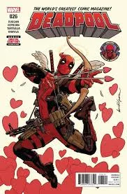 Deadpool en acción, con sus katanas y pistolas, mostrando su actitud irreverente y divertida.