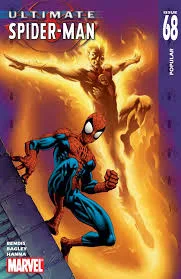 Ultimate Spider-Man balanceándose entre los rascacielos de Nueva York con su traje icónico.