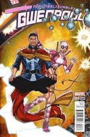 Gwenpool en acción, con su traje rosa y blanco, lista para la aventura en los cómics de Marvel.