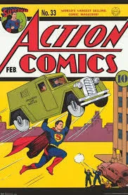Superman en acción, volando con su capa roja en la portada de Action Comics.