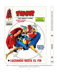 Thor, el dios del trueno, en acción con su martillo Mjolnir, portada de cómic Marvel.