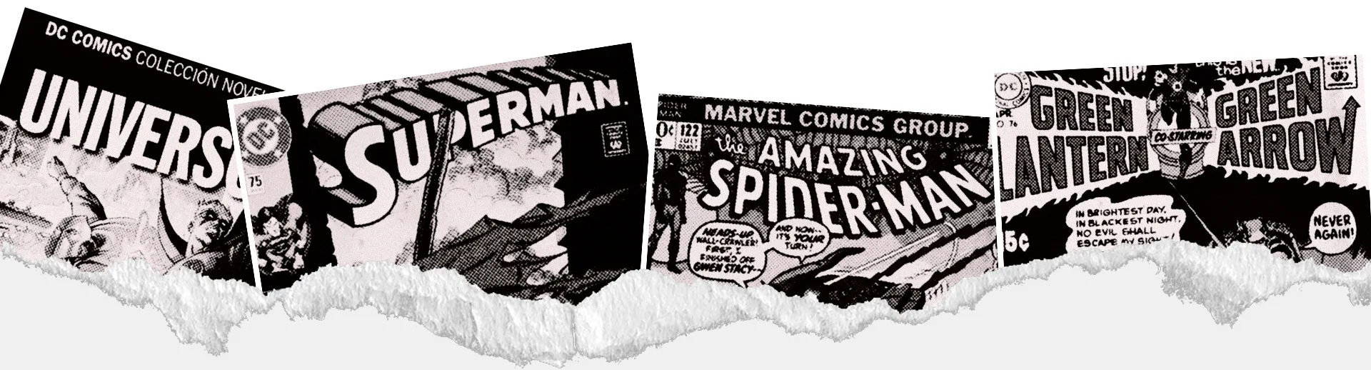 Portadas de revistas de cómics clásicas, mostrando héroes icónicos y estilos de arte vintage.