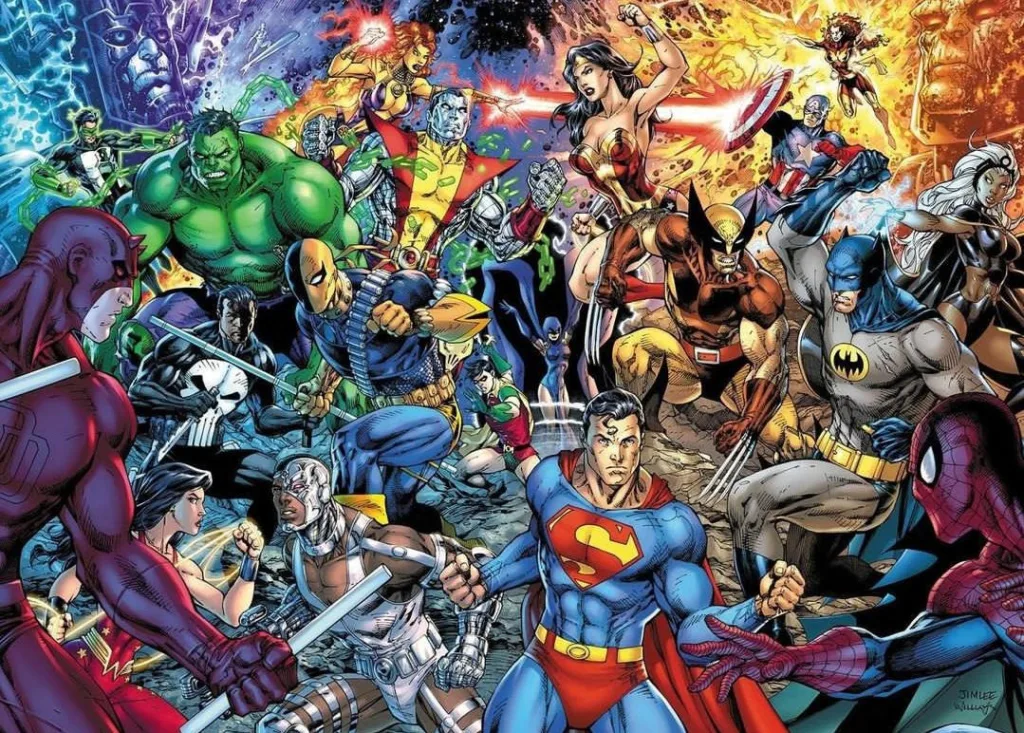 Portada colorida con varios superhéroes icónicos de Marvel y DC en acción, mostrando sus poderes.